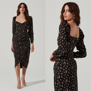 ASTR The Label FLORAL LONG SLEEVE MILKMAID SATIN MIDI DRESS